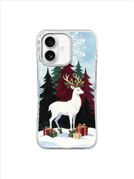 White stag wearing a holly crown before burgundy and evergreen trees on an iPhone 17 case