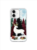 White stag looking across a snowy burgundy and evergreen forest on an iPhone 17 case