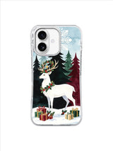 White stag carrying a green winter wreath above wrapped gifts on an iPhone 17 case