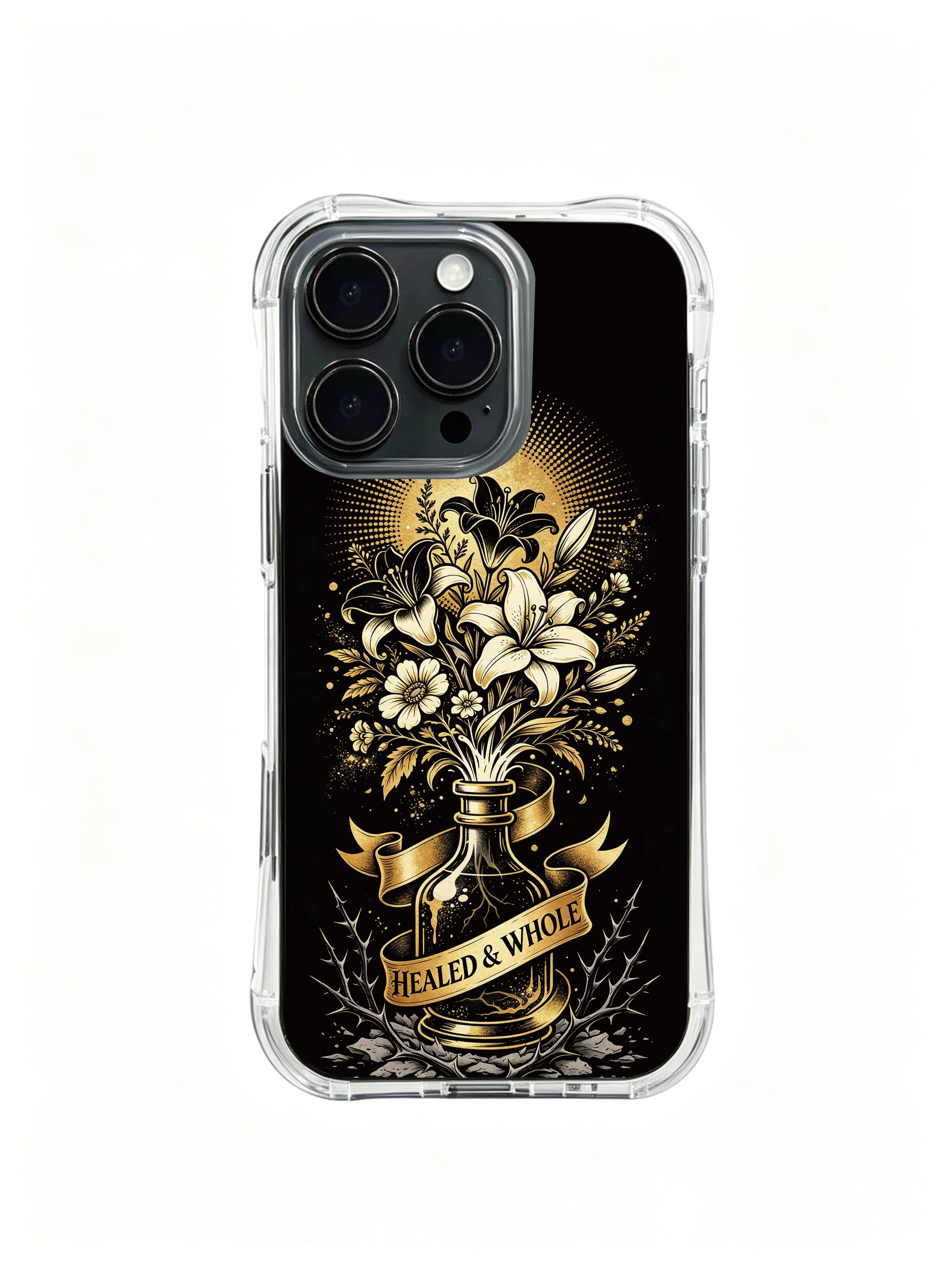Withered thorn and fresh bloom PhoneCasing, artistic iPhone 14 Plus Case with retro pharmacy style, durable scratch resistant iPhone 14 Plus casing.