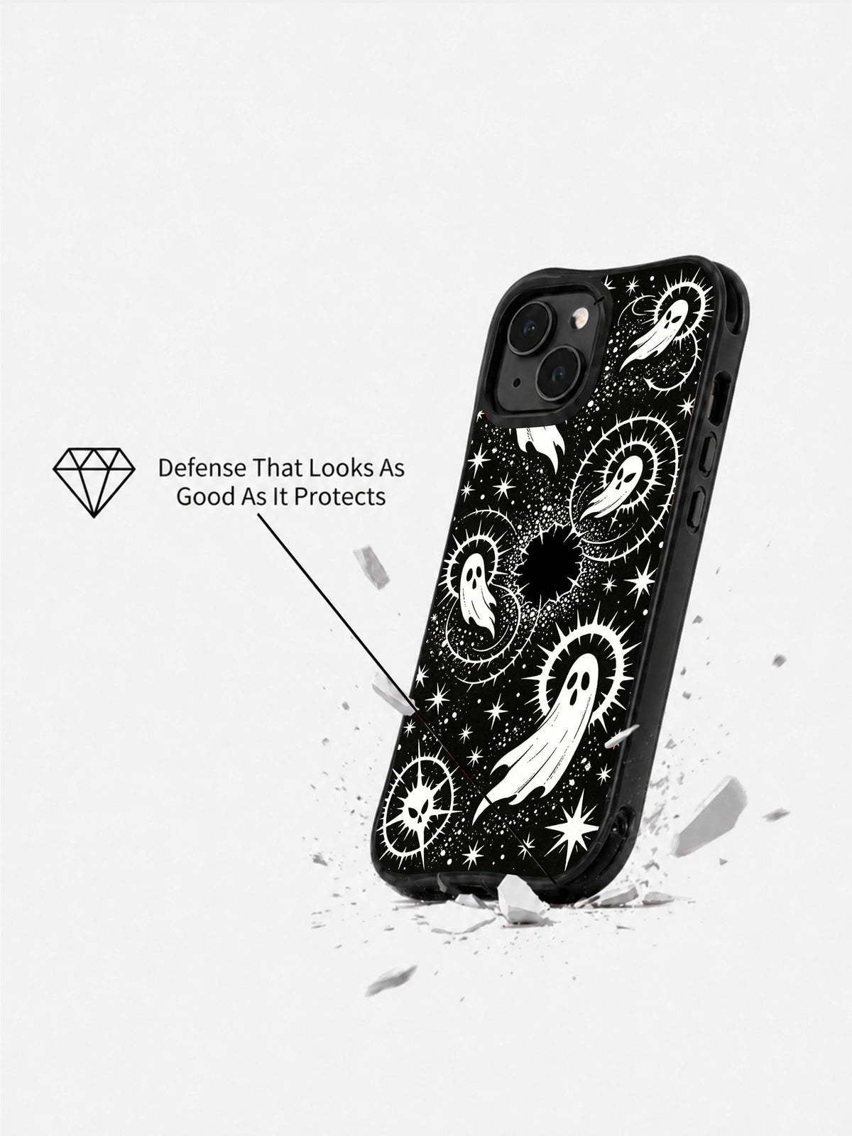Thorn Halo Phantoms iPhone 15 Plus case in angled product display