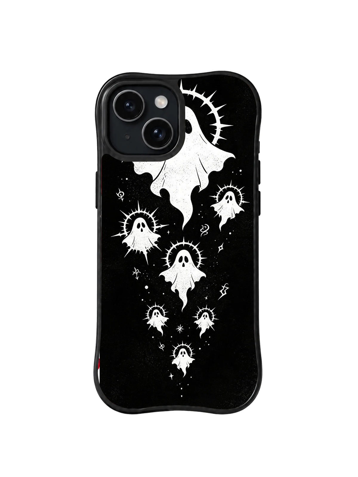Wounded Halo Descent black and white phantom artwork on iPhone 15 Plus case