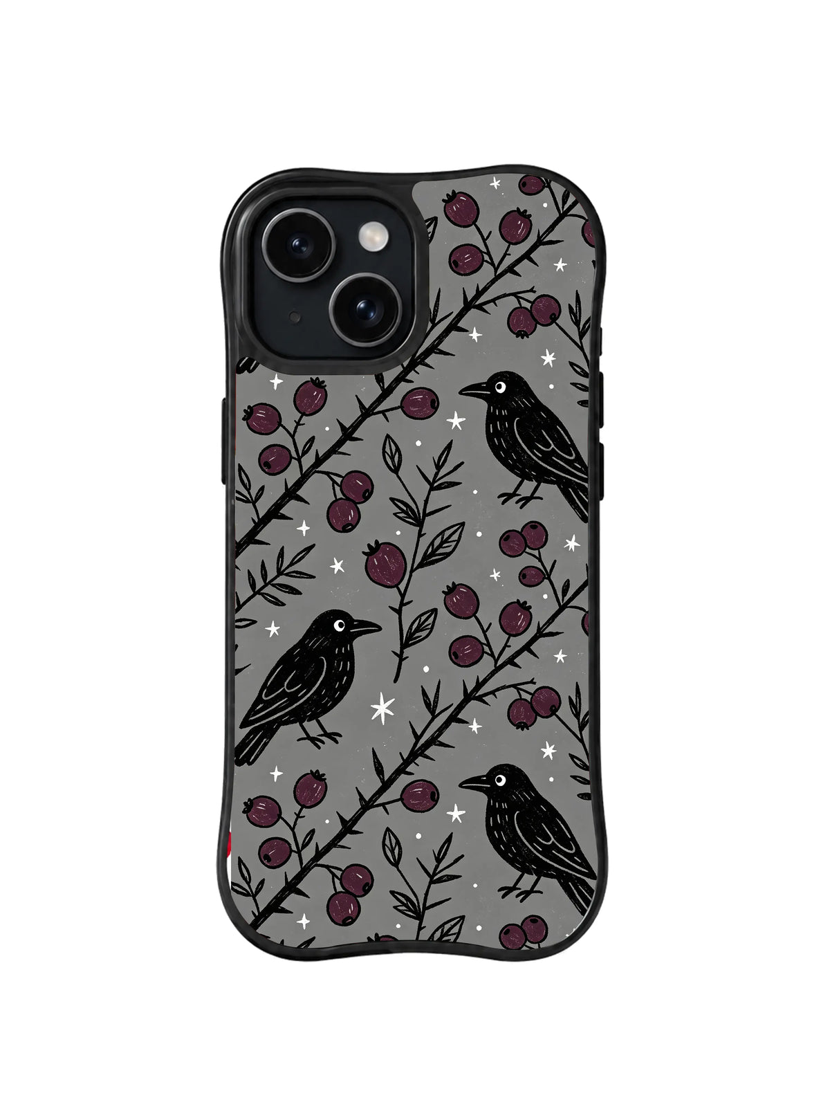Thornberry Raven Trail: Black ravens perch along thorny berry branches on charcoal gray.