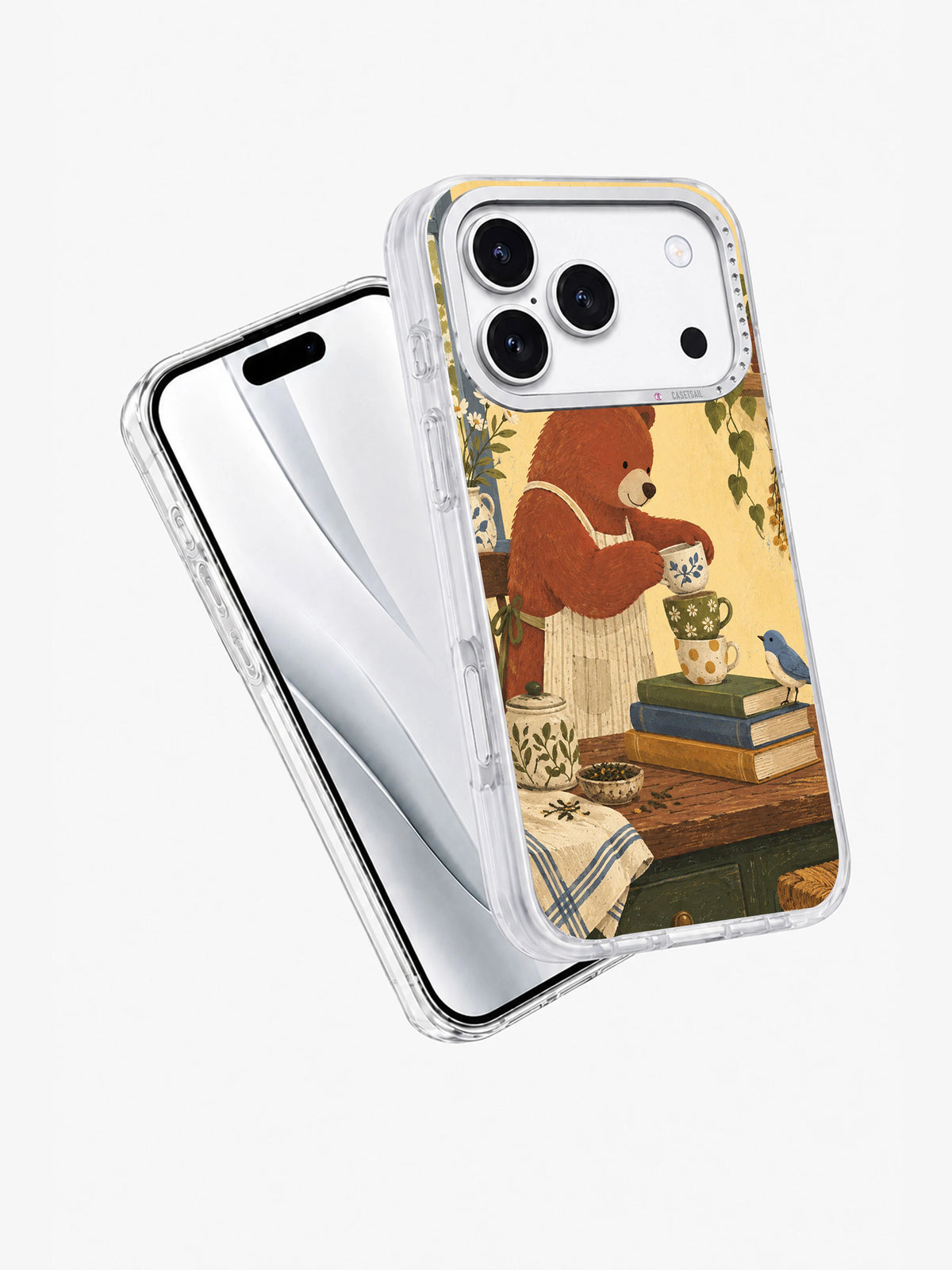 Angled front and back view of the Three Cups Before Noon clear phone case