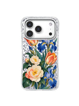 Camellias, irises and tulips gather in an asymmetrical floral iPhone 17 Pro case design