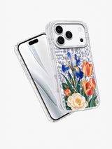 Angled view of the Three Flowers Meet transparent iPhone 17 Pro case