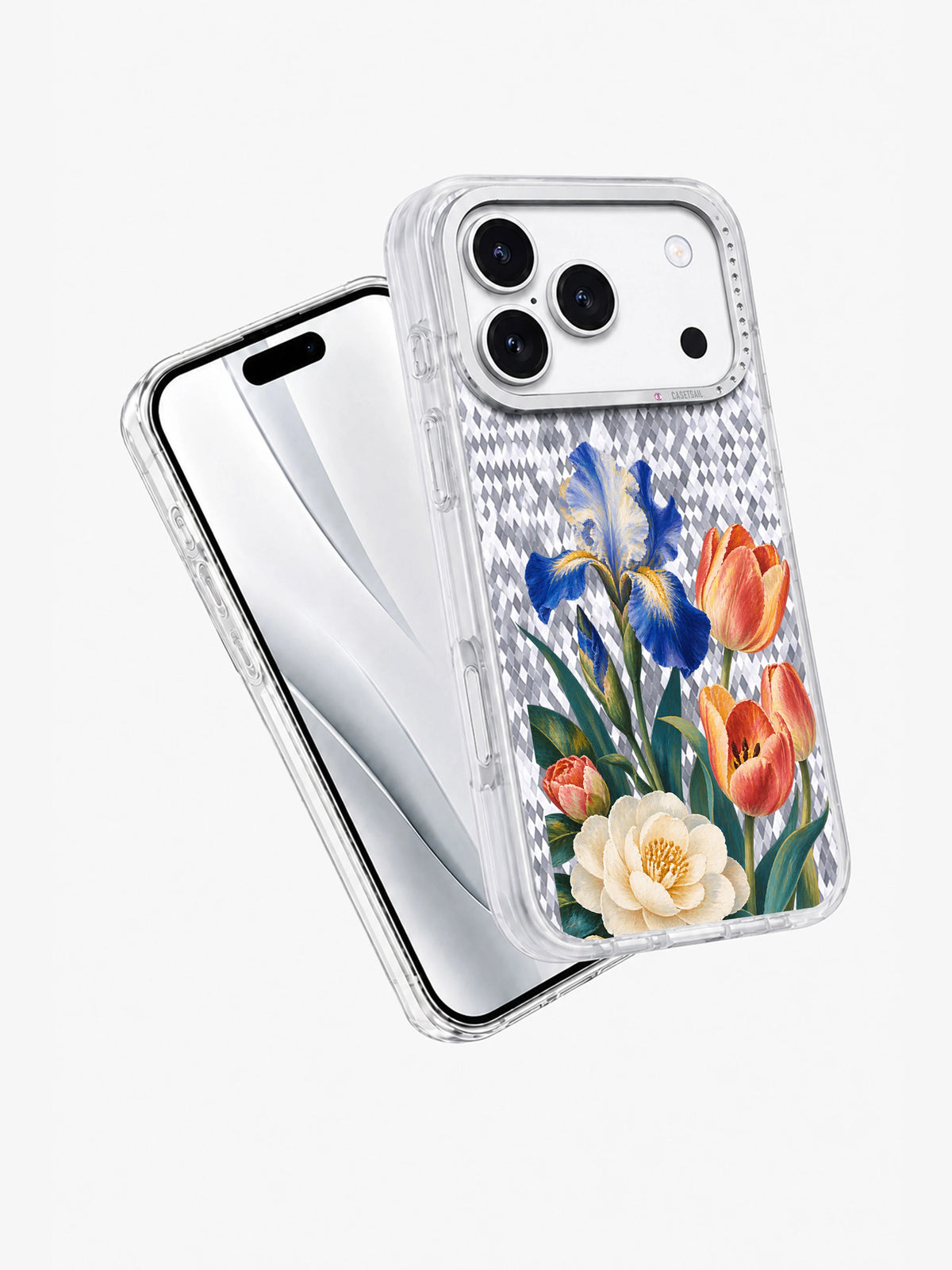 Angled view of the Three Flowers Meet transparent iPhone 17 Pro case