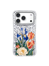 Front view of the Three Flowers Meet transparent iPhone 17 Pro case