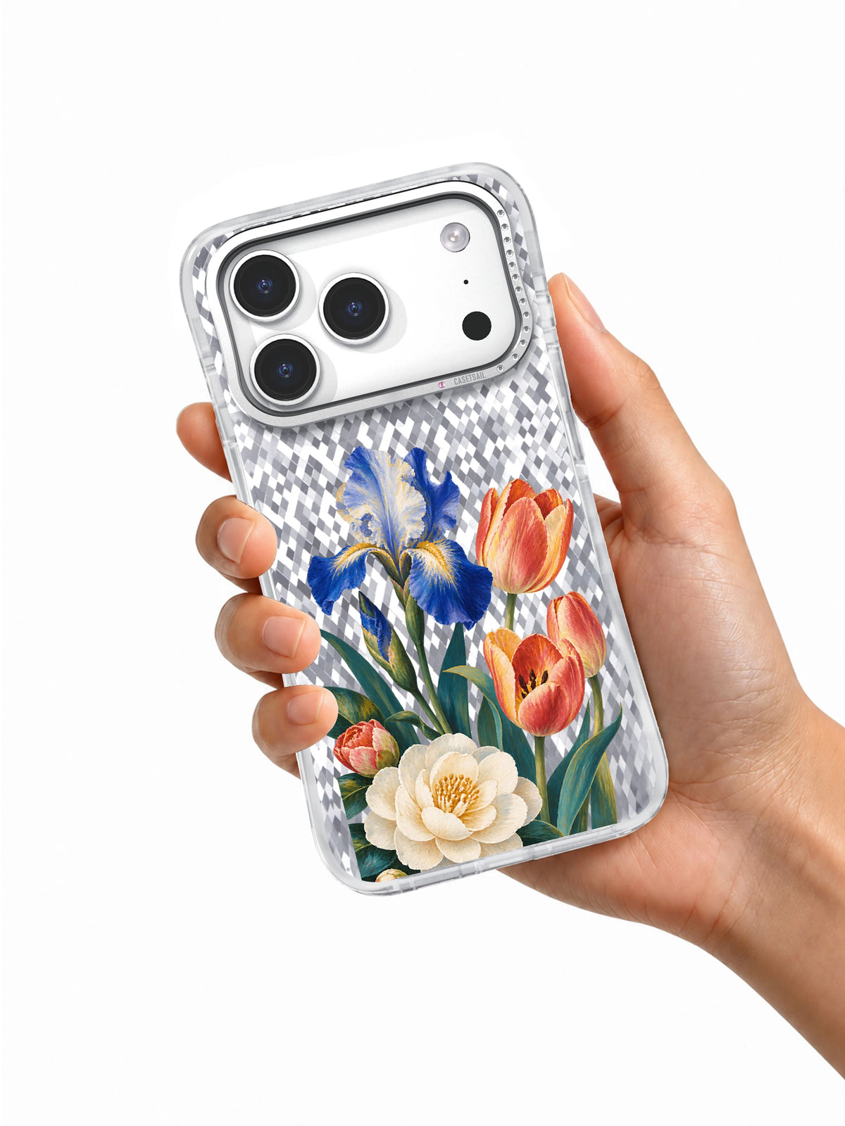 Three Flowers Meet transparent iPhone 17 Pro case held in one hand