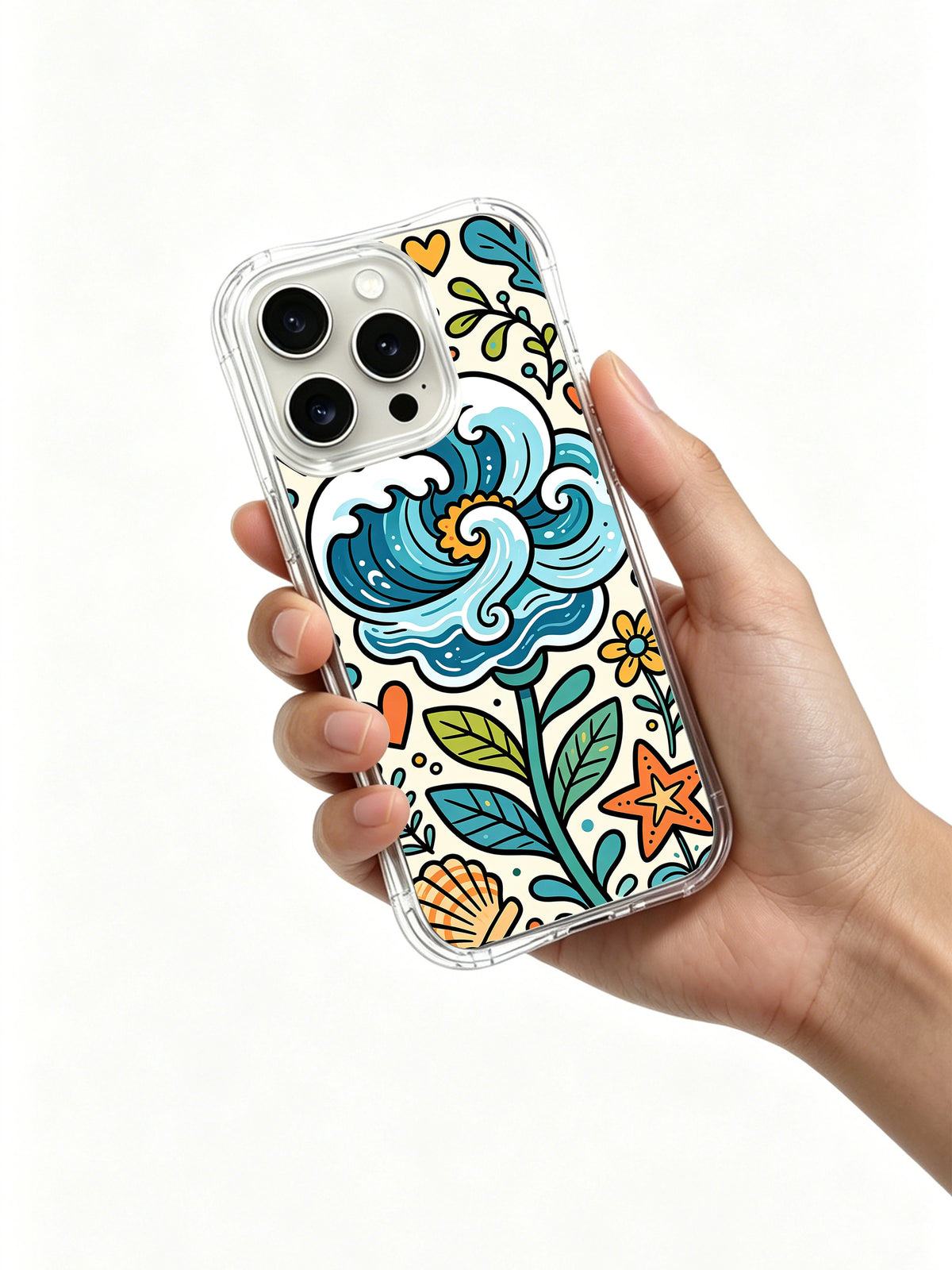 Tidal Bloom Garden coastal iPhone 14 Pro case held in hand