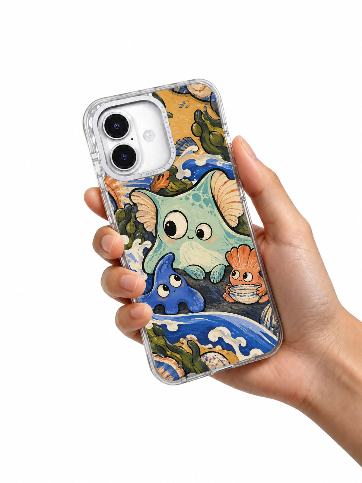 Hand holding The Tide in Our Pockets illustrated iPhone 17 case