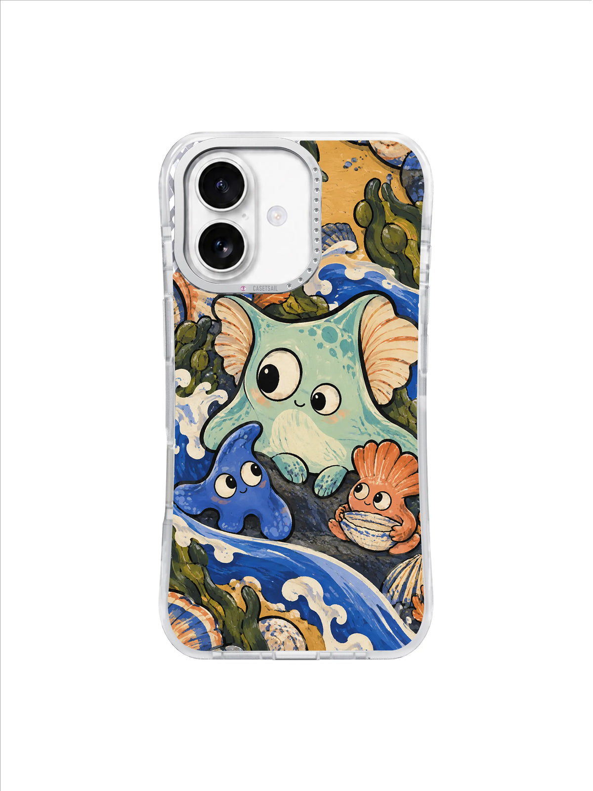 Tessa Brindle Tide in Our Pockets iPhone 17 case with mint shell-eared creature, cobalt wave friend and coral shell companion