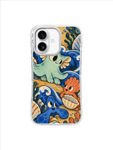 Tessa Brindle coastal iPhone 17 case with mint manta-like character above cobalt foam curls and sand-gold shells