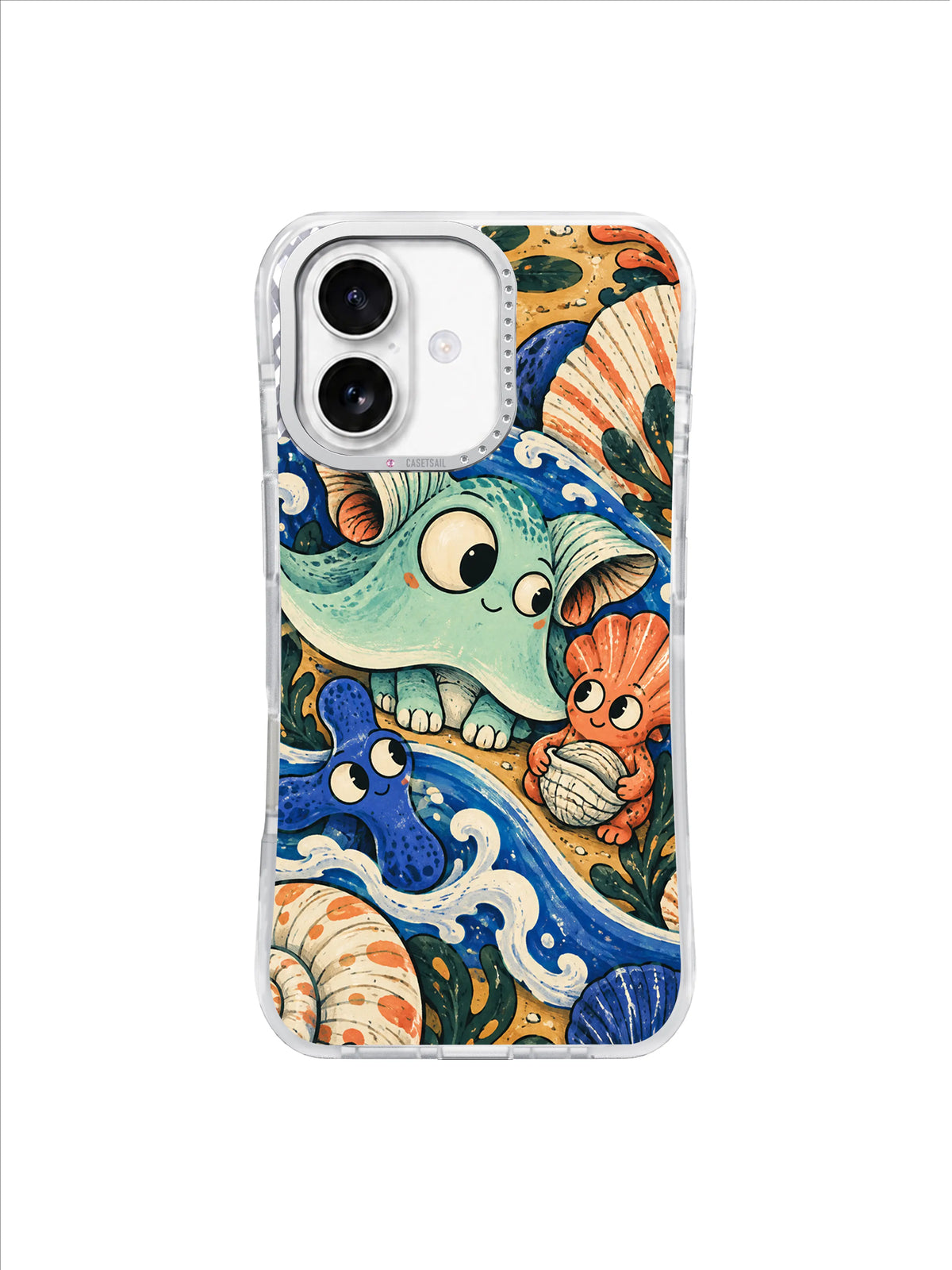 Tessa Brindle cute coastal iPhone 17 case with mint shell-eared creature and bright coral companion