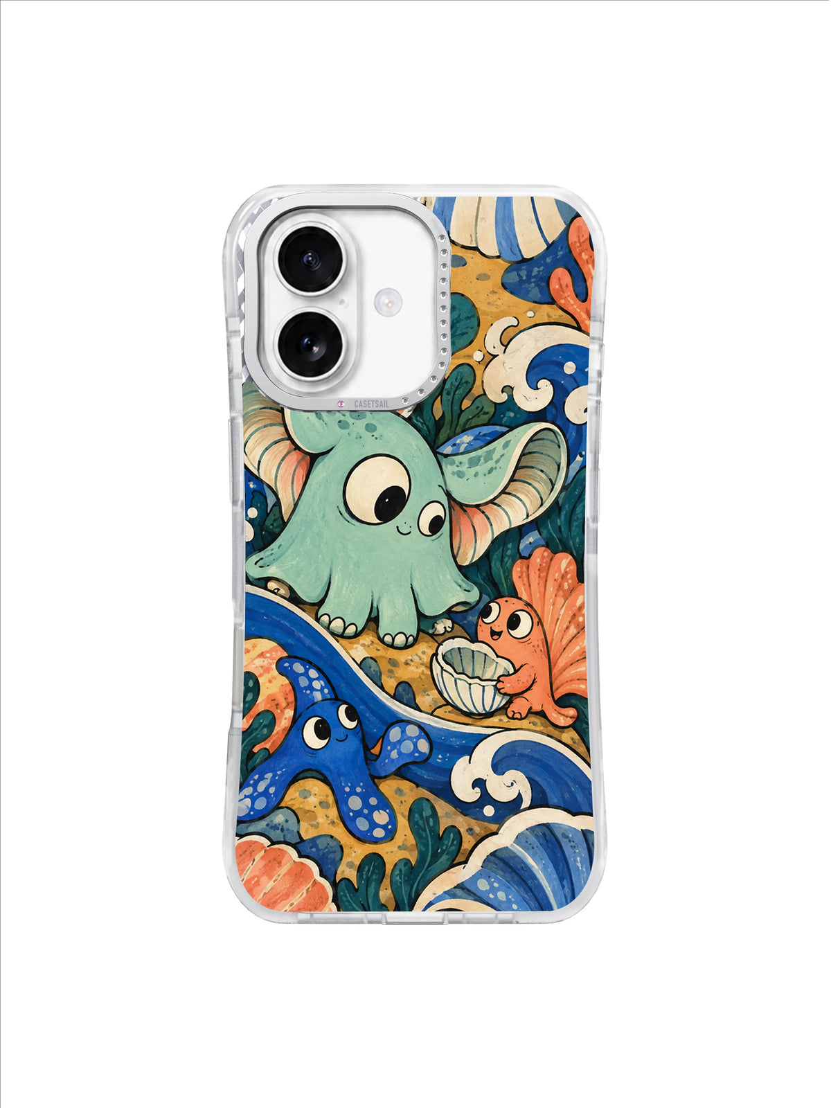 Tessa Brindle wave art iPhone 17 case with mint character, cobalt S-shaped tide and ribbed shells