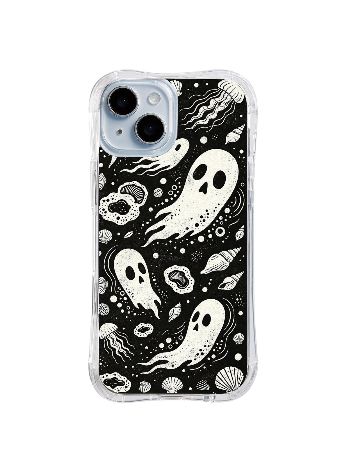Midnight Tidepool Drifters seashell ghost artwork on iPhone 15 Plus case