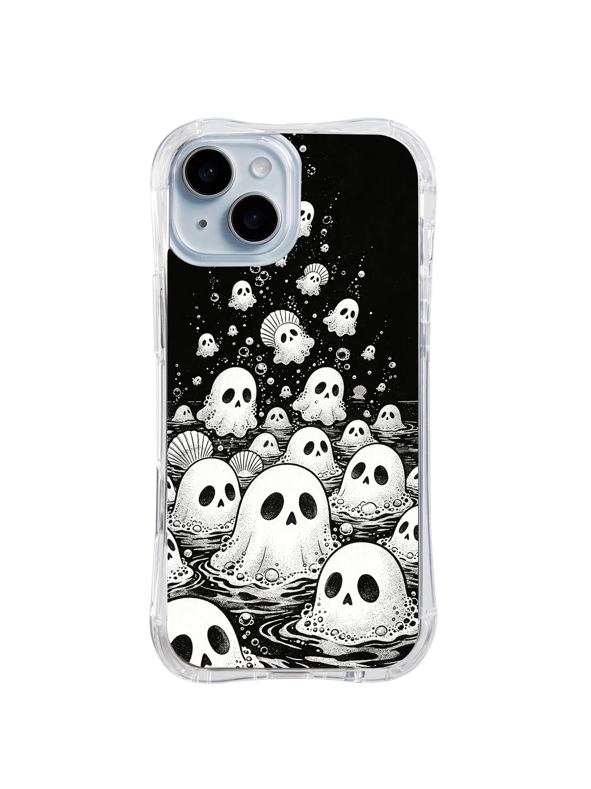 Moonfoam Specter Colony black and white ocean ghost artwork on iPhone 15 Plus case