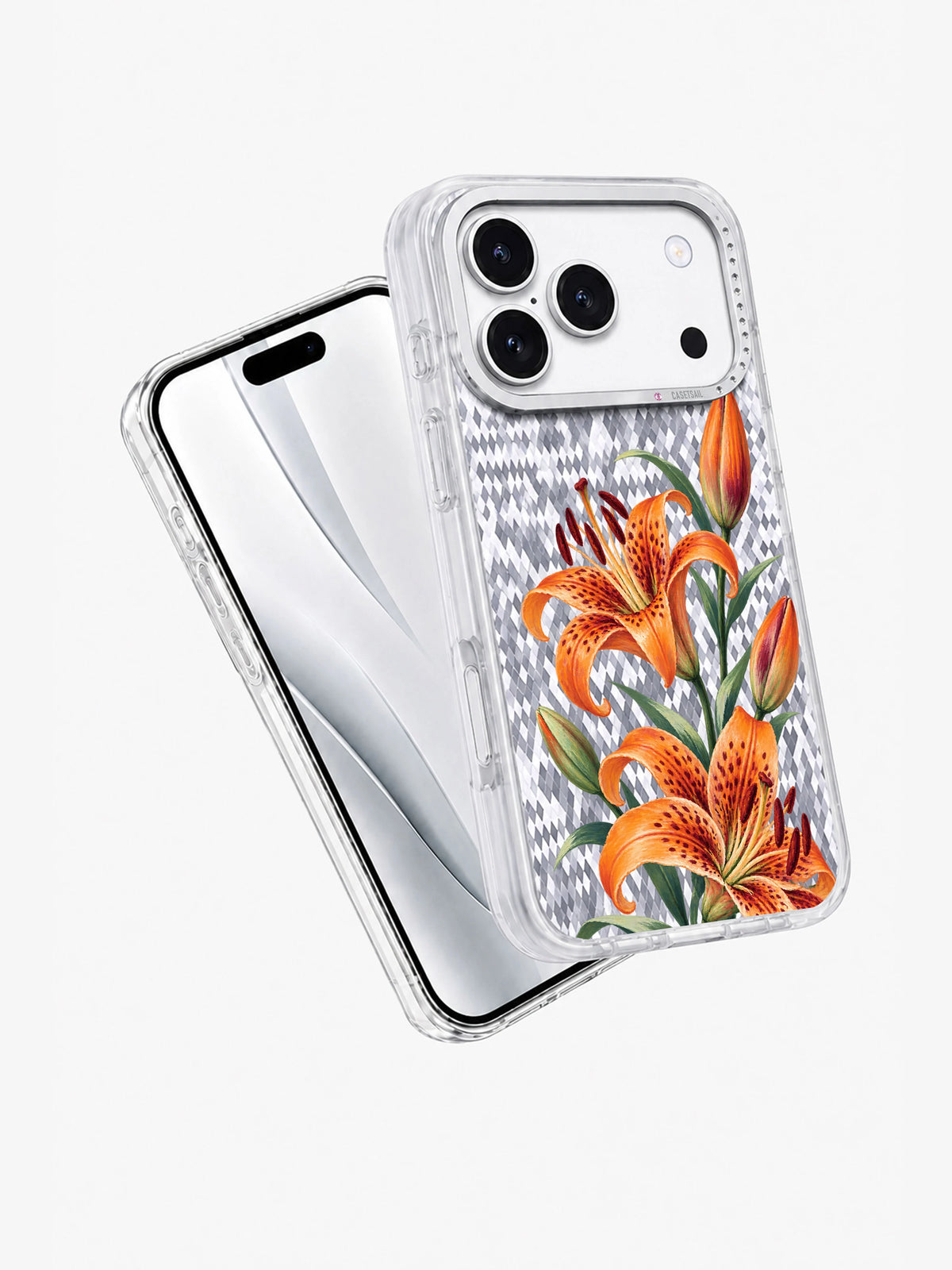 Tiger Lily Passage transparent iPhone case angled view