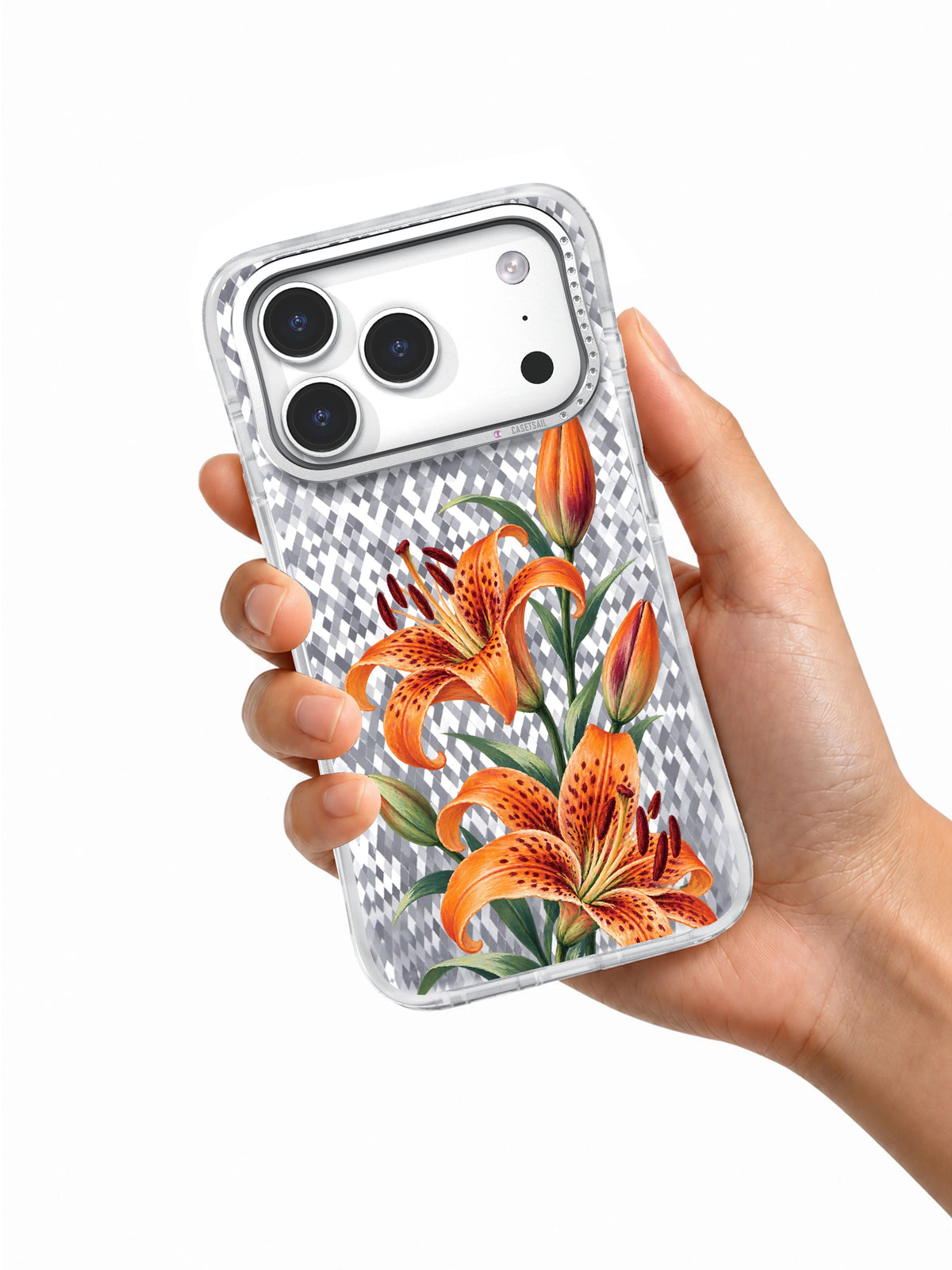 Tiger Lily Passage transparent iPhone case held in hand