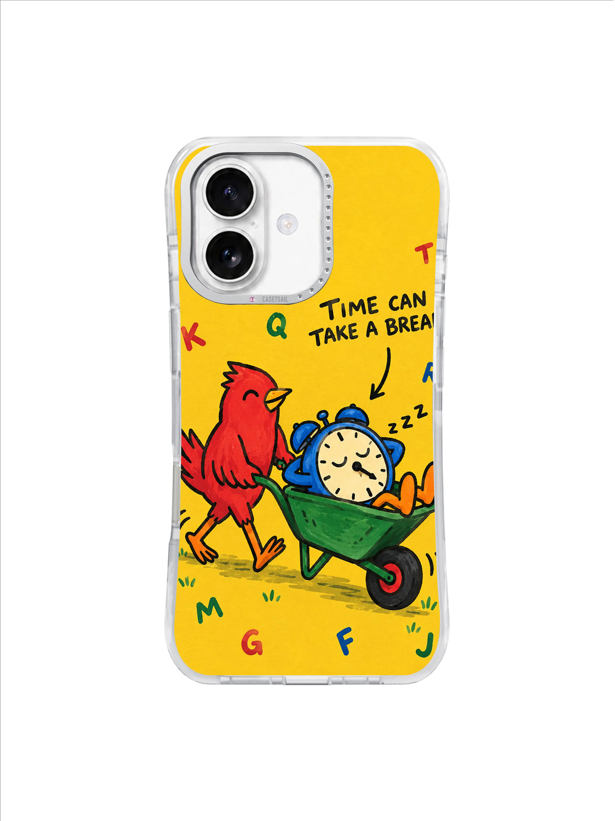Time Can Take a Break orange-legged clock and red bird artwork on iPhone 16 case