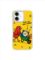 Time Can Take a Break red bird pushing a sleepy blue clock on iPhone 16 case