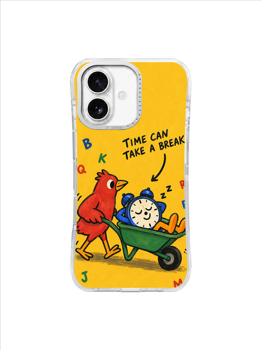 Time Can Take a Break blue clock resting in a green wheelbarrow on iPhone 16 case