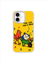 Time Can Take a Break clock napping in a green wheelbarrow on iPhone 16 case