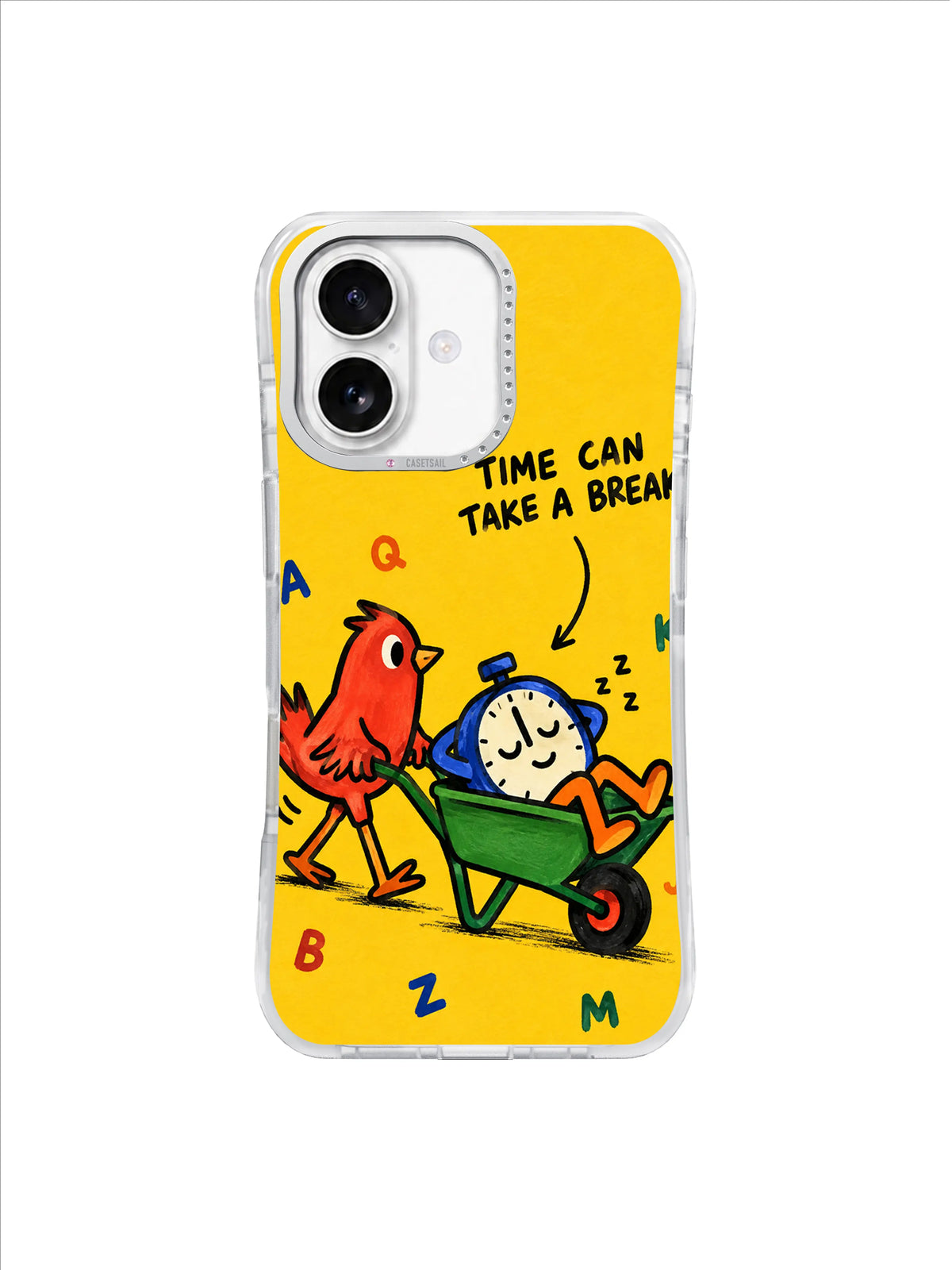 Time Can Take a Break clock napping in a green wheelbarrow on iPhone 16 case