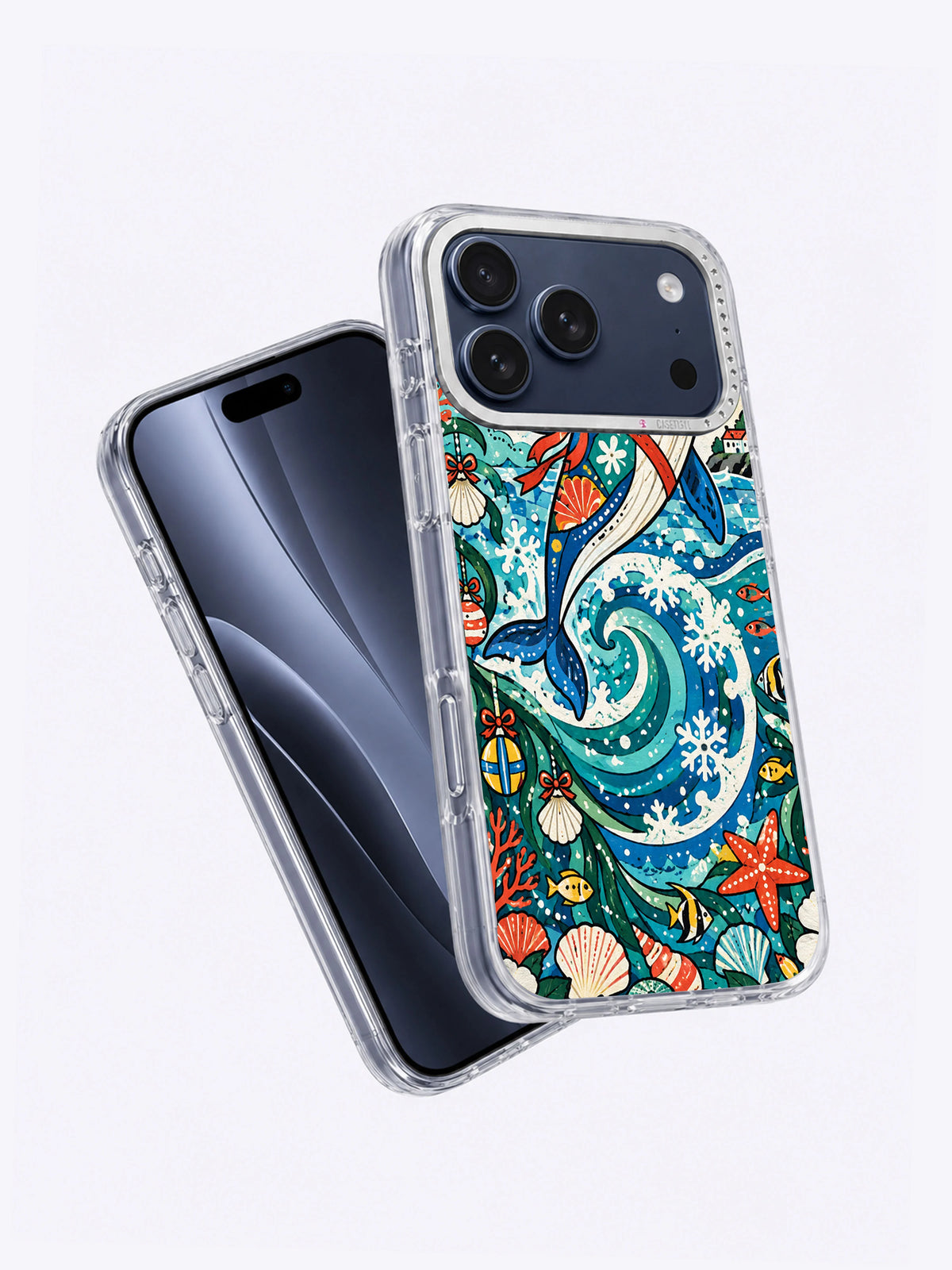 Angled front and side view of Tinsel Tide Whale iPhone 17 Pro Max case