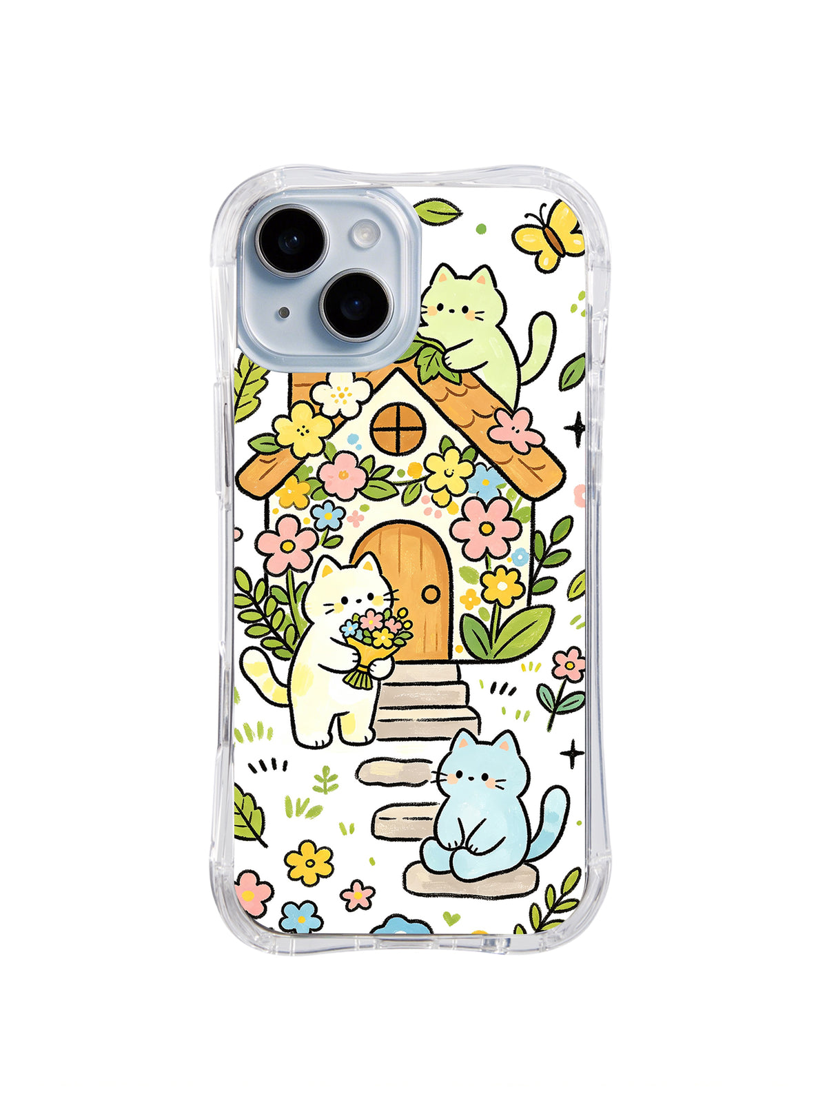 Flower Cottage Cat Friends: Krem, yeşil ve mavi kediler çiçekler ve yapraklarla çevrili küçük turuncu kulübenin yanında toplanır.