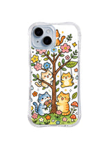 Blossom Tree Cat Party: Orange, blue and cream cats gather beneath a flowering tree with mushrooms and small blossoms.