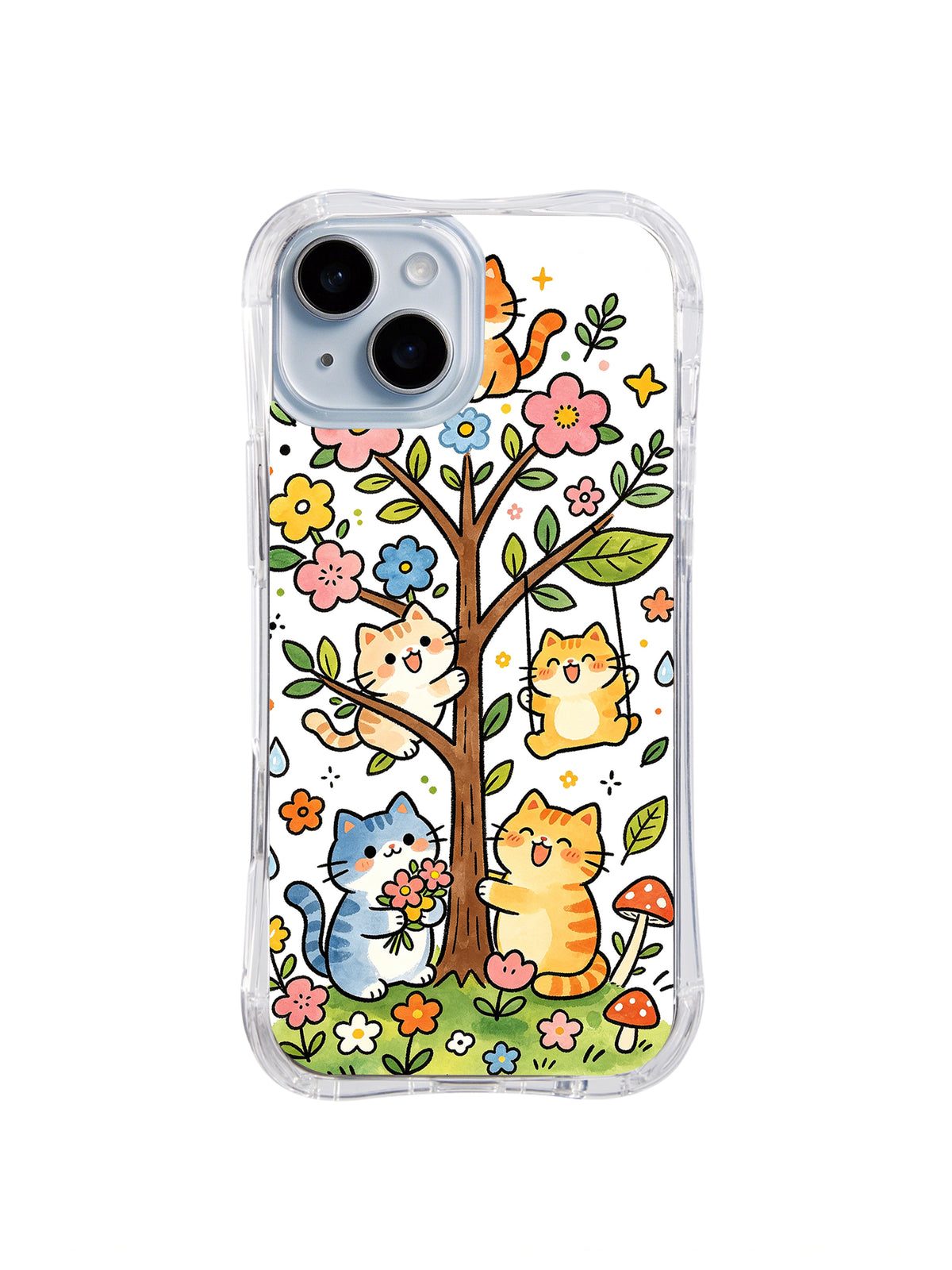 Blossom Tree Cat Party: Orange, blue and cream cats gather beneath a flowering tree with mushrooms and small blossoms.