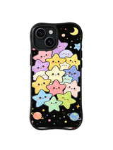 Rainbow Star Friend Portraits: Pastel gülümseyen yıldız sıraları aylar ve gezegenlerle siyah göğü doldurur.