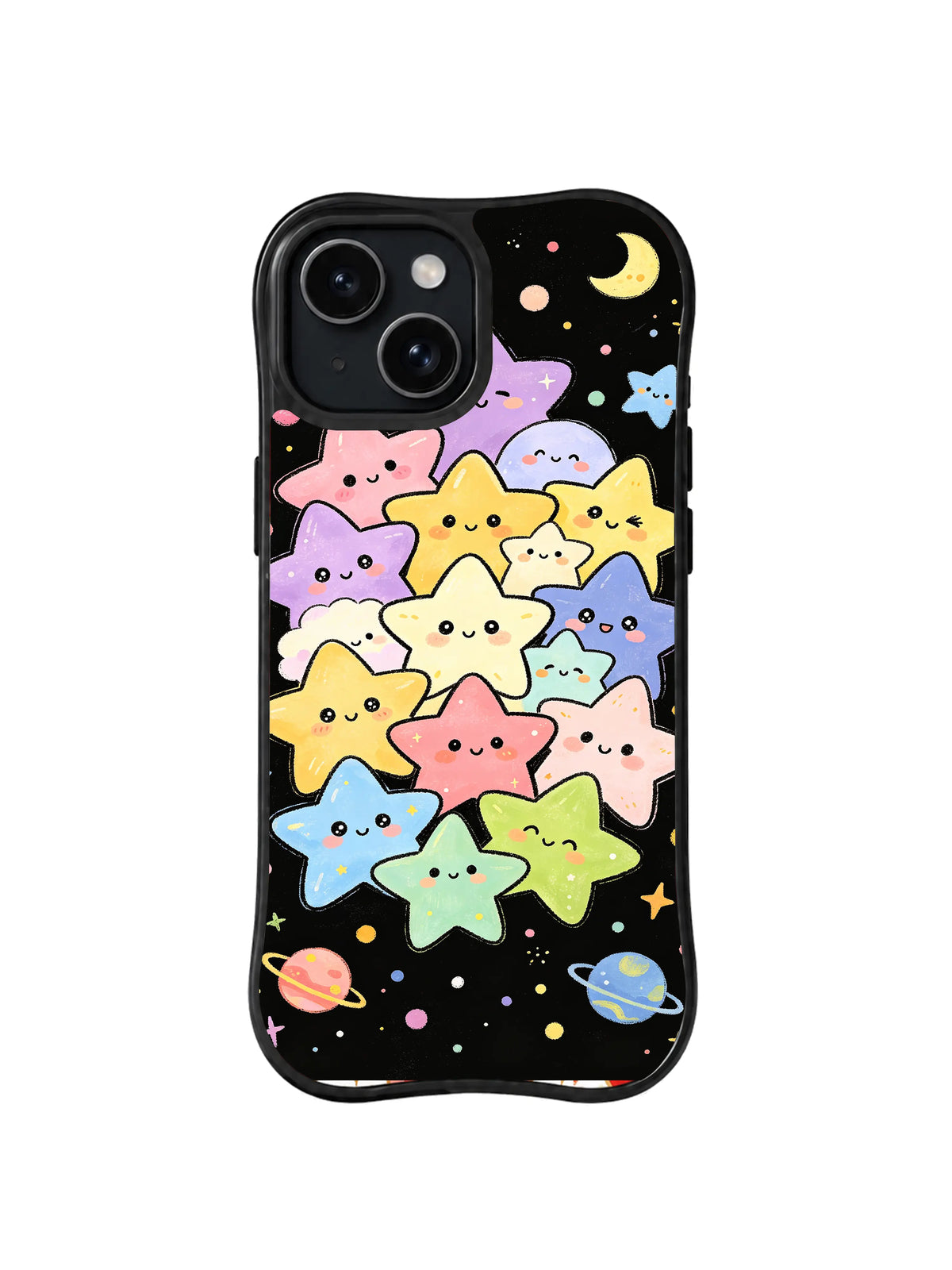 Rainbow Star Friend Portraits: Pastel gülümseyen yıldız sıraları aylar ve gezegenlerle siyah göğü doldurur.