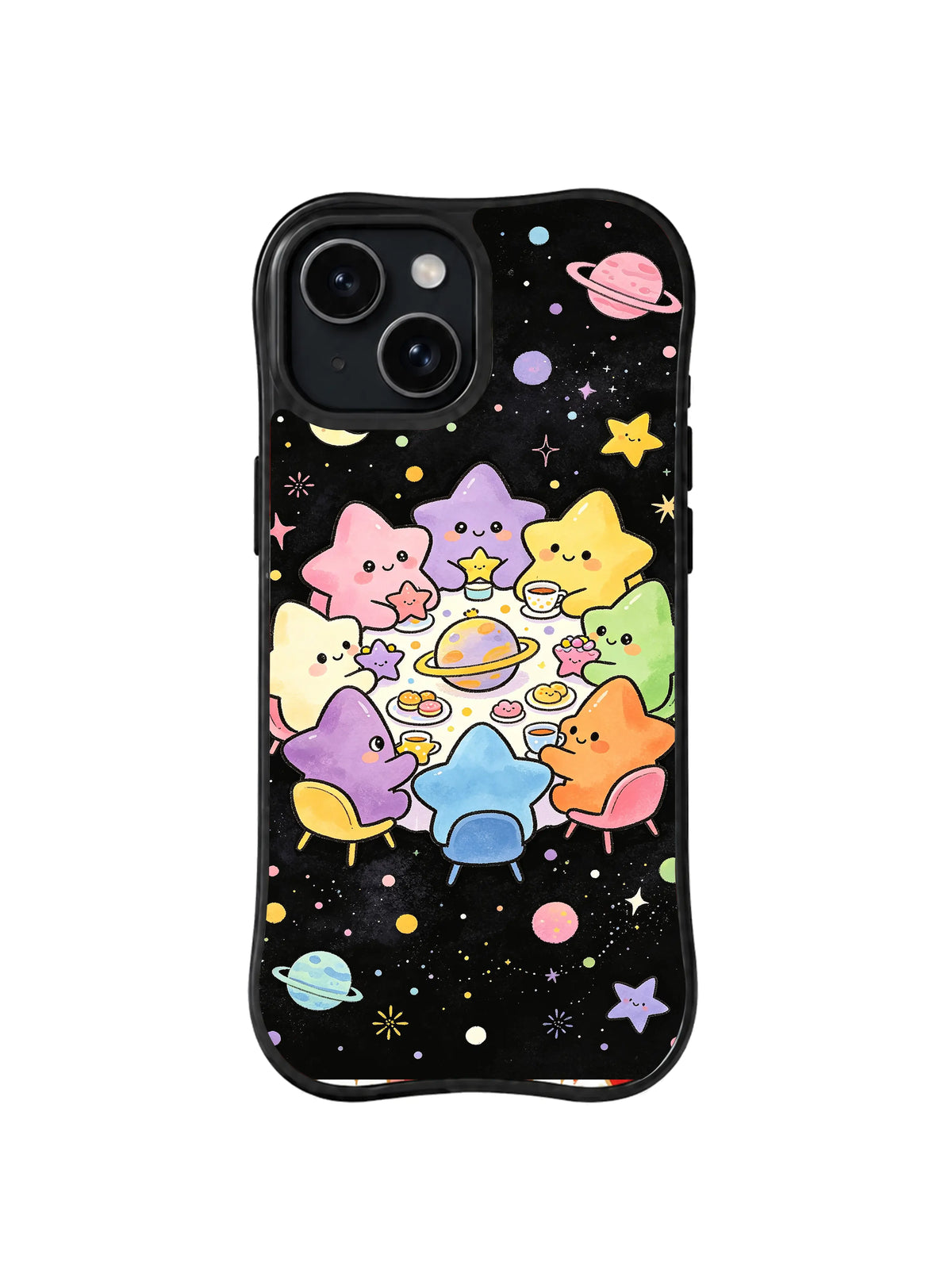Galaxy Friends Tea Party: Renkli yıldız dostlar siyah zeminde gezegenler arasında küçük masayı paylaşır.