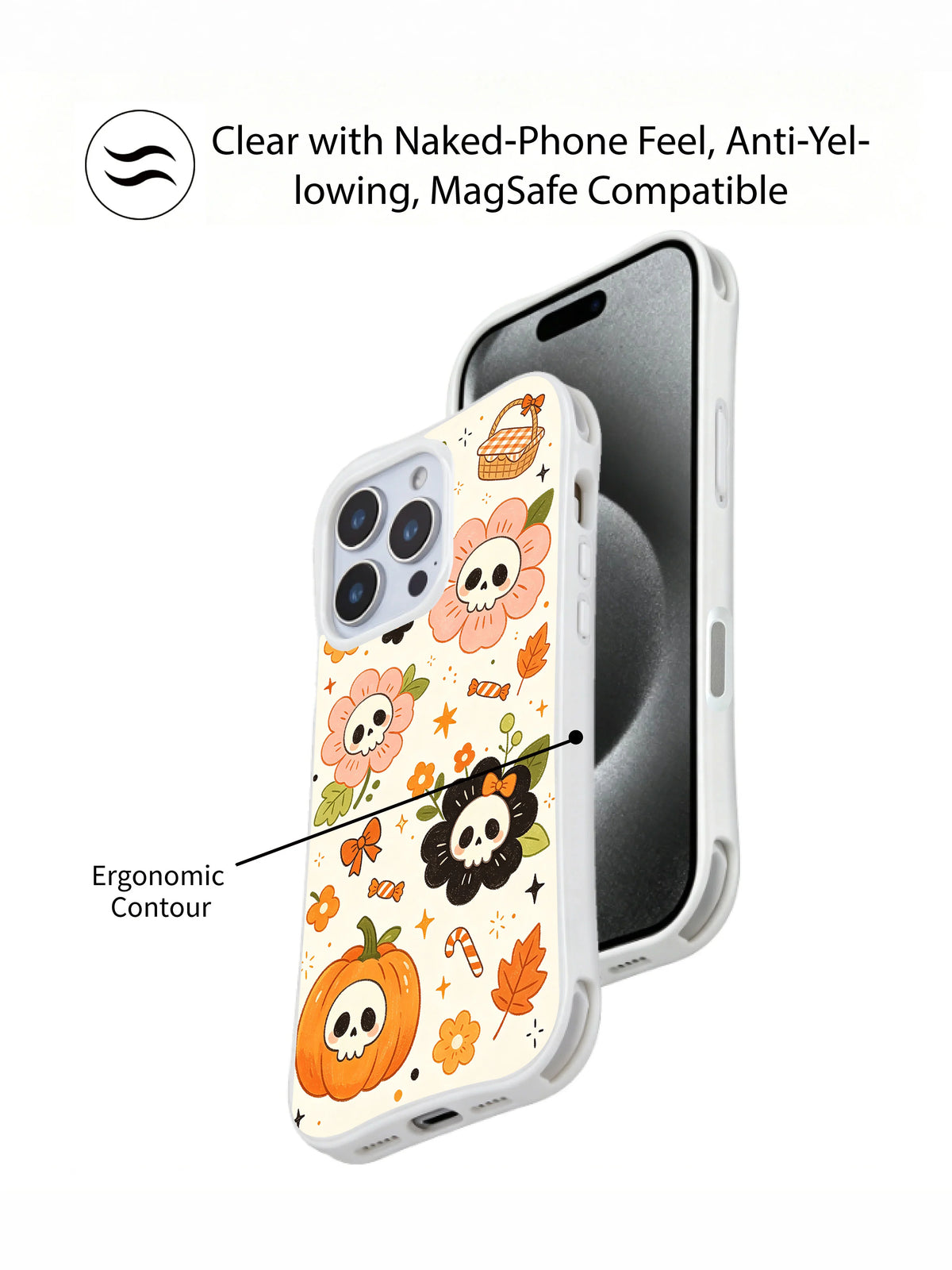 Tiny Skeleton Flower Picnic iPhone 14 Pro case shown with magnetic accessory