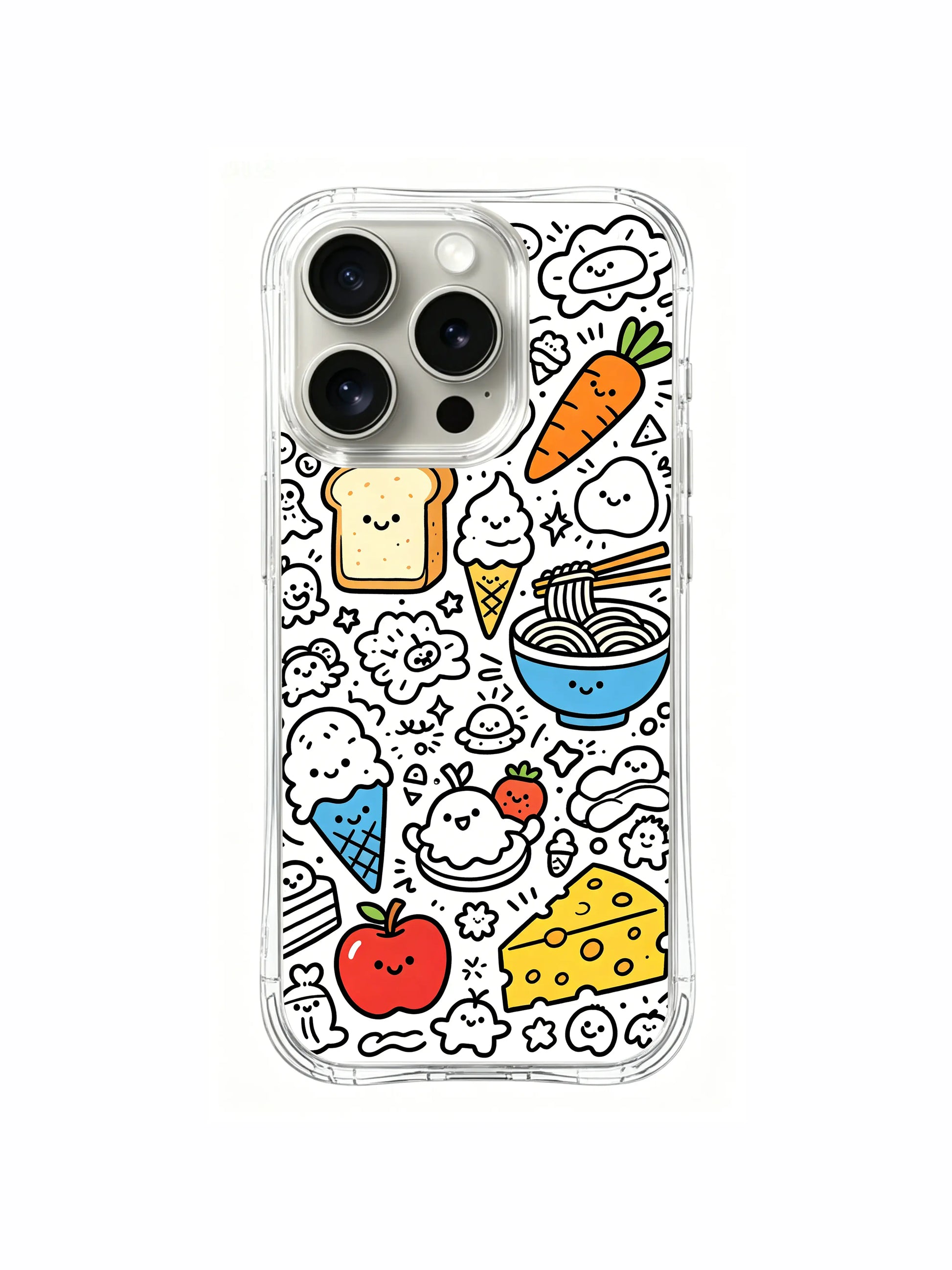 Mini sparkle decorated food market doodle iPhone 15 pro Case, lightweight shockproof phone casing, trending cartoon art phone cover from PhoneCasing.