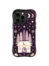Triple Moon Pine House pattern on a black iPhone 13 Pro case with three crescent phases, snowy trees and an ivory moon-door home