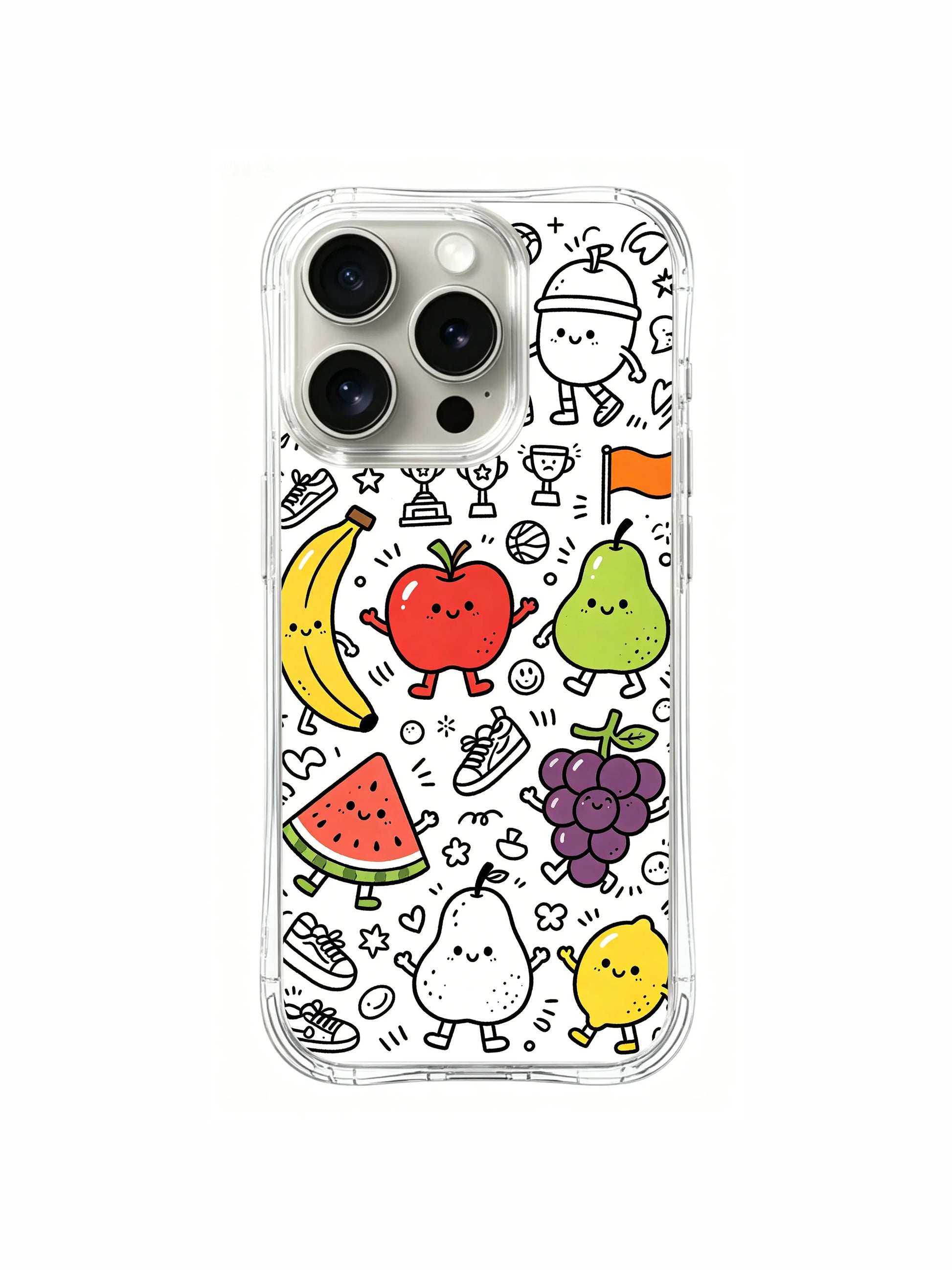 Tiny trophy and star detailed fruit creature sports doodle iPhone 16 pro Case, lightweight shockproof phone casing, popular trending cartoon phone cover from PhoneCasing.