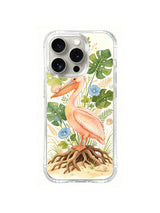Tropical Leaf Pelican Morning: An apricot pelican rises among broad tropical leaves and small blue blooms.