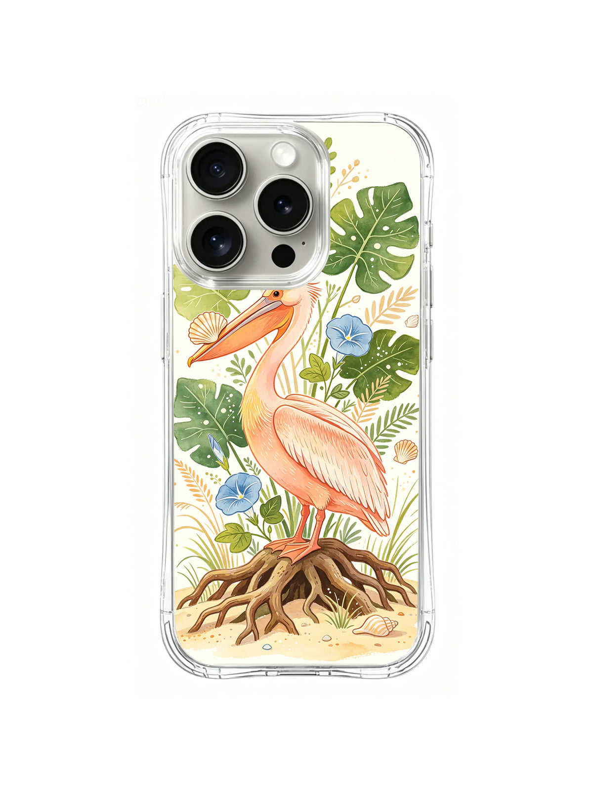 Tropical Leaf Pelican Morning: An apricot pelican rises among broad tropical leaves and small blue blooms.