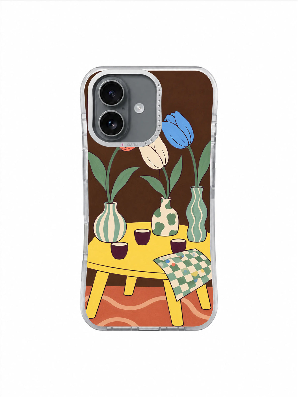 Blue Tulip Proposal artwork on an iPhone 17 case by Mila Vardon