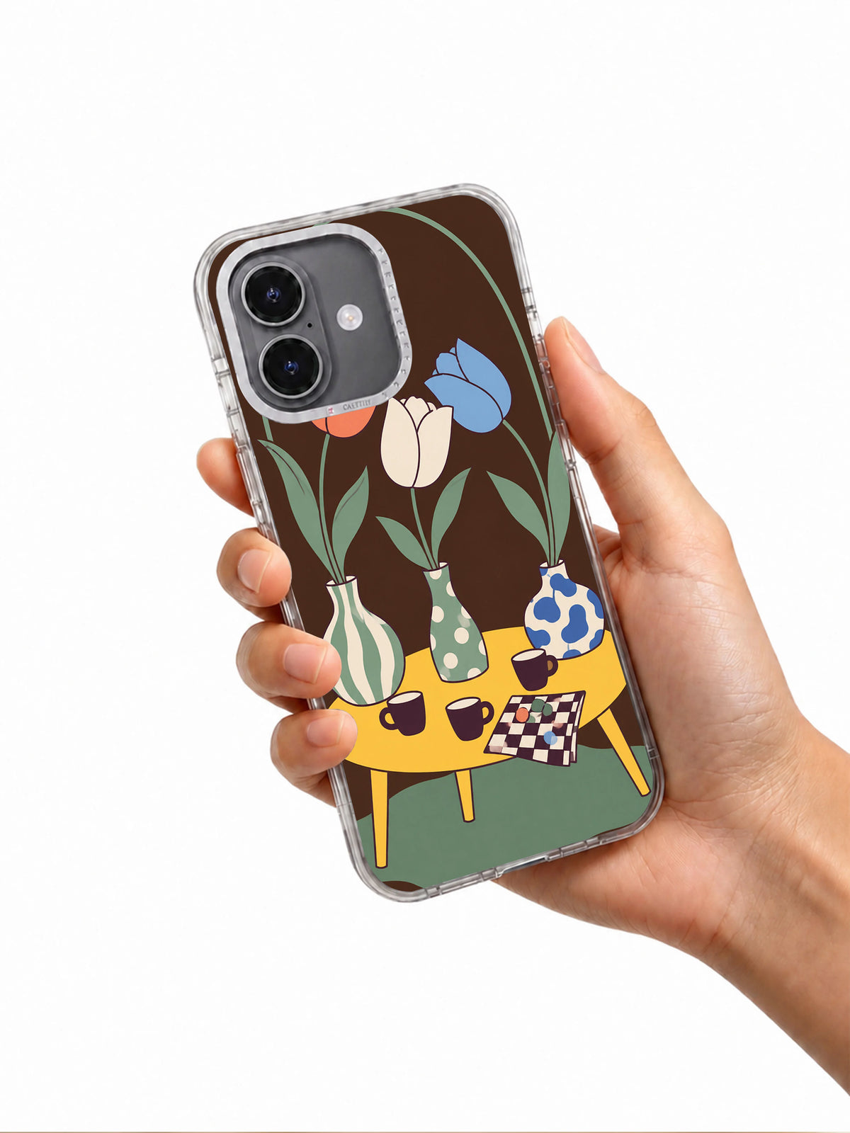 Tulips Hold a Secret Meeting iPhone 17 Case held in hand