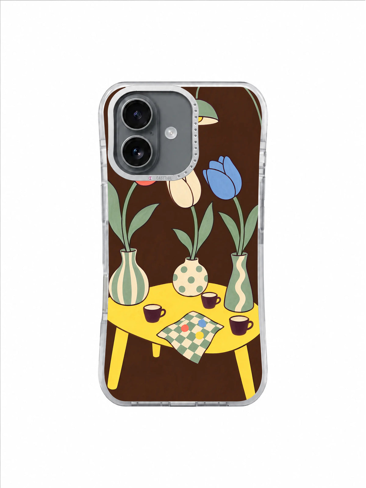 Lemon Table Notes tulip artwork on an iPhone 17 case by Mila Vardon