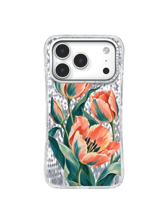 Coral First Beat pattern with coral tulips, cream highlights, and petrol-teal leaves on an iPhone 17 Pro case