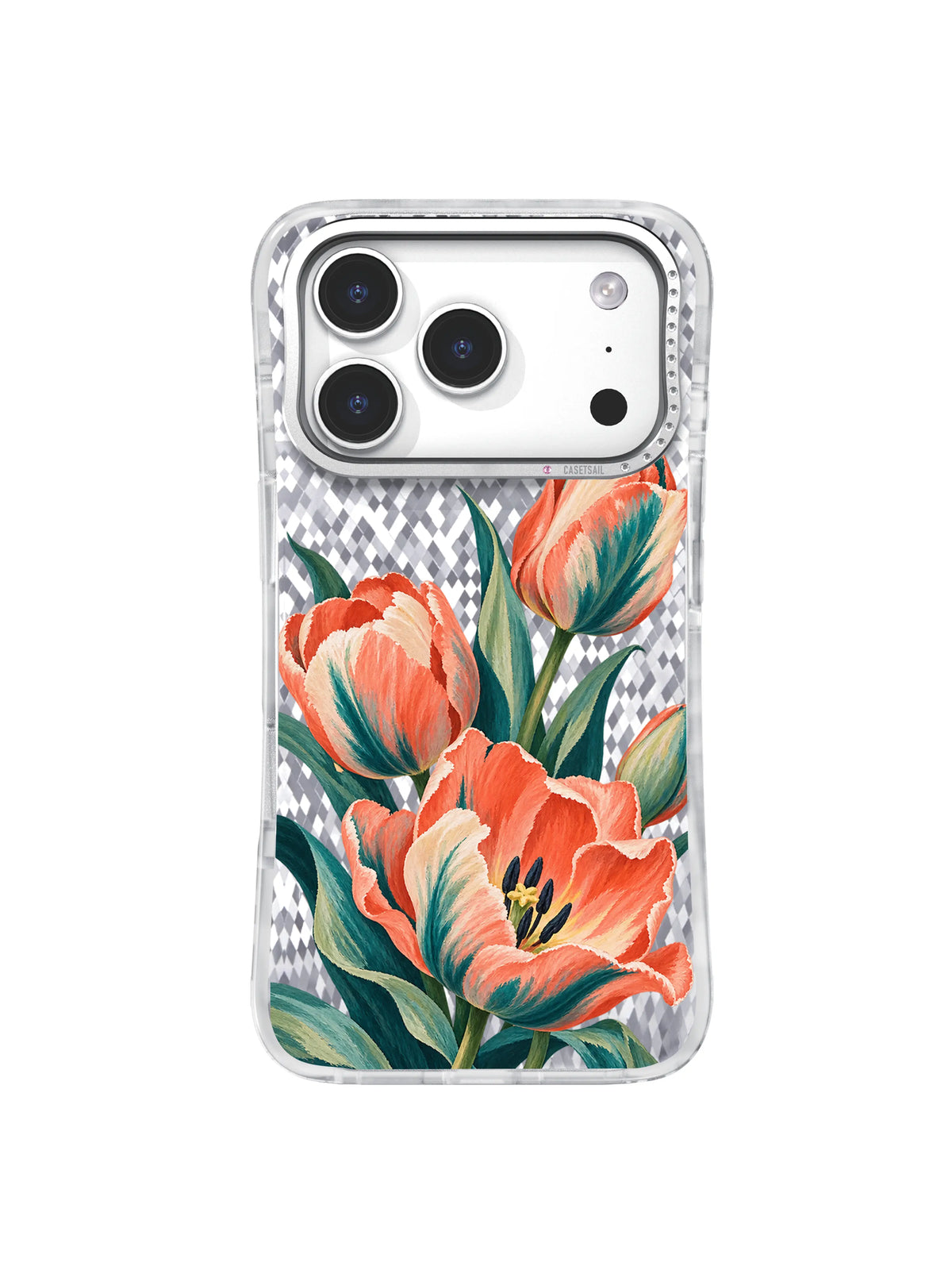 Final Melody pattern with a large open coral tulip, two upper blooms, and layered petrol-teal leaves on an iPhone 17 Pro case