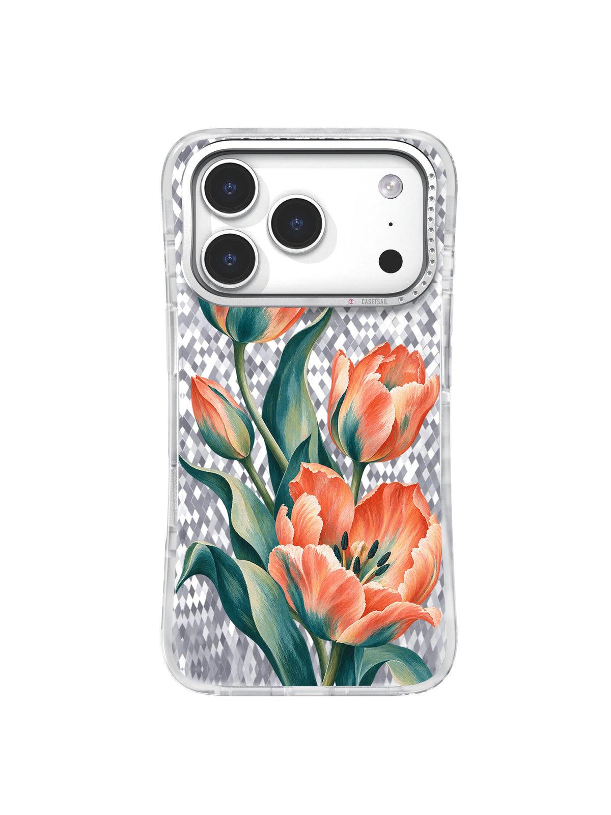 Open Rhythm pattern with coral tulips and buds spaced across transparent areas and teal leaves on an iPhone 17 Pro case