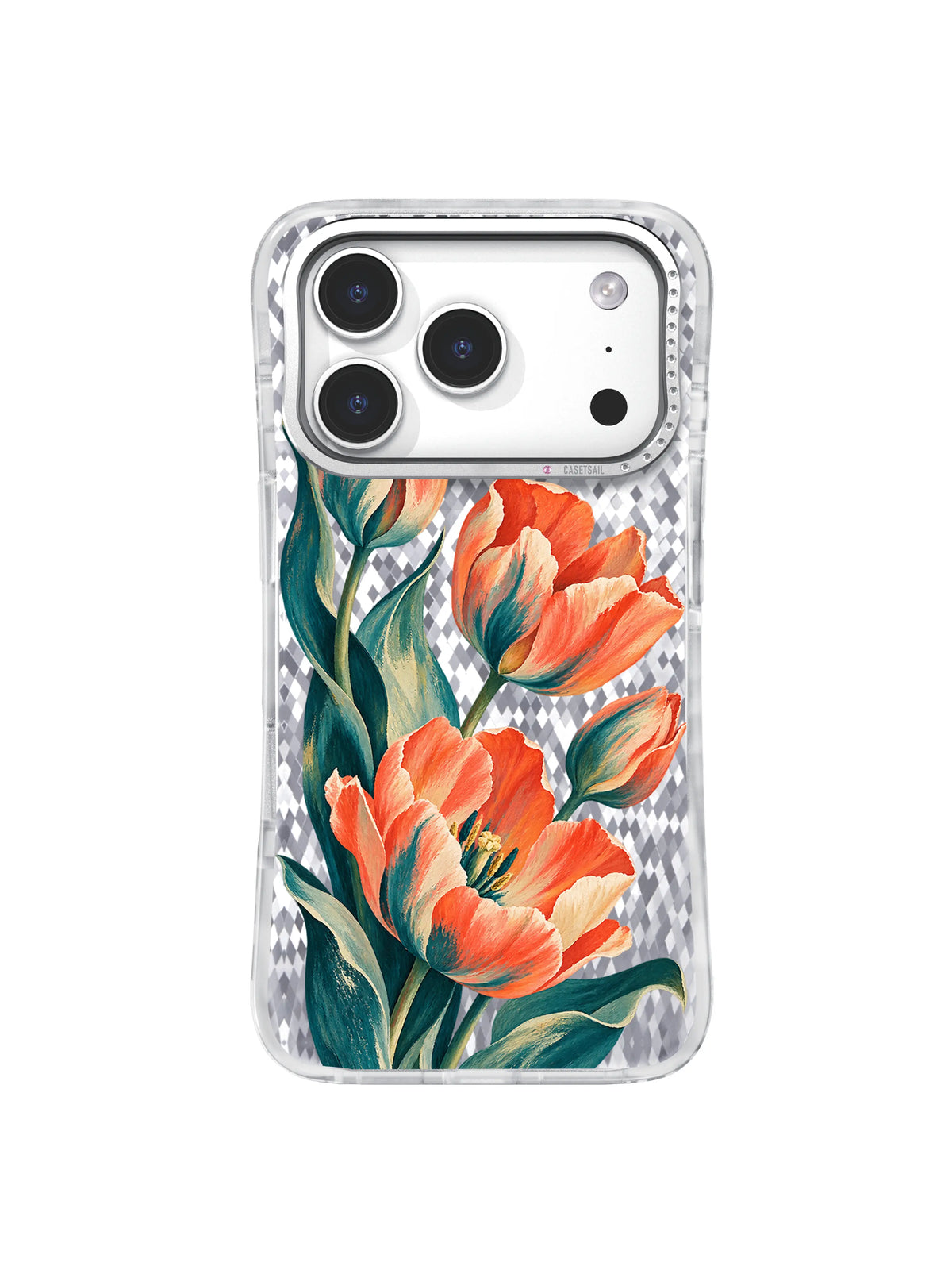 Teal Step pattern with one open coral tulip, a side-facing bloom, and rhythmic dark teal stems on an iPhone 17 Pro case