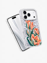 Angled view of the Tulips on the Upbeat iPhone 17 Pro case showing coral flowers and clear edges