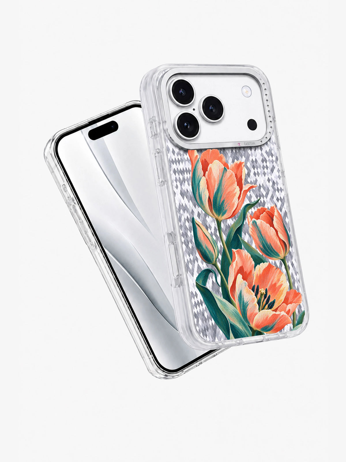 Angled view of the Tulips on the Upbeat iPhone 17 Pro case showing coral flowers and clear edges